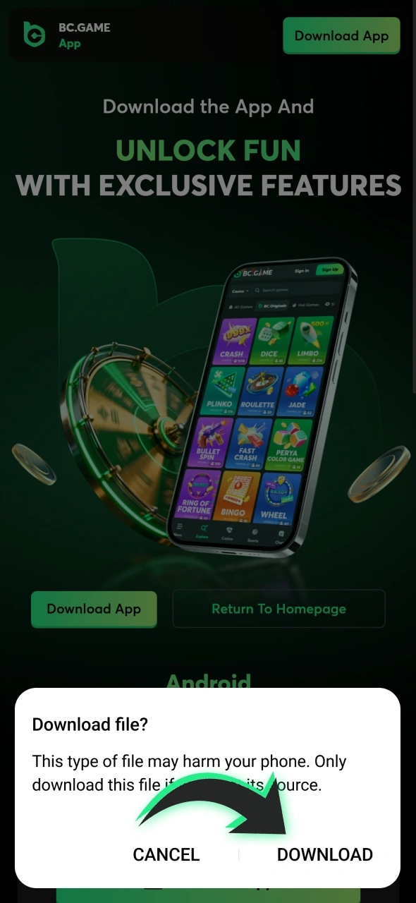 Tap on download button to get android BC Game app.