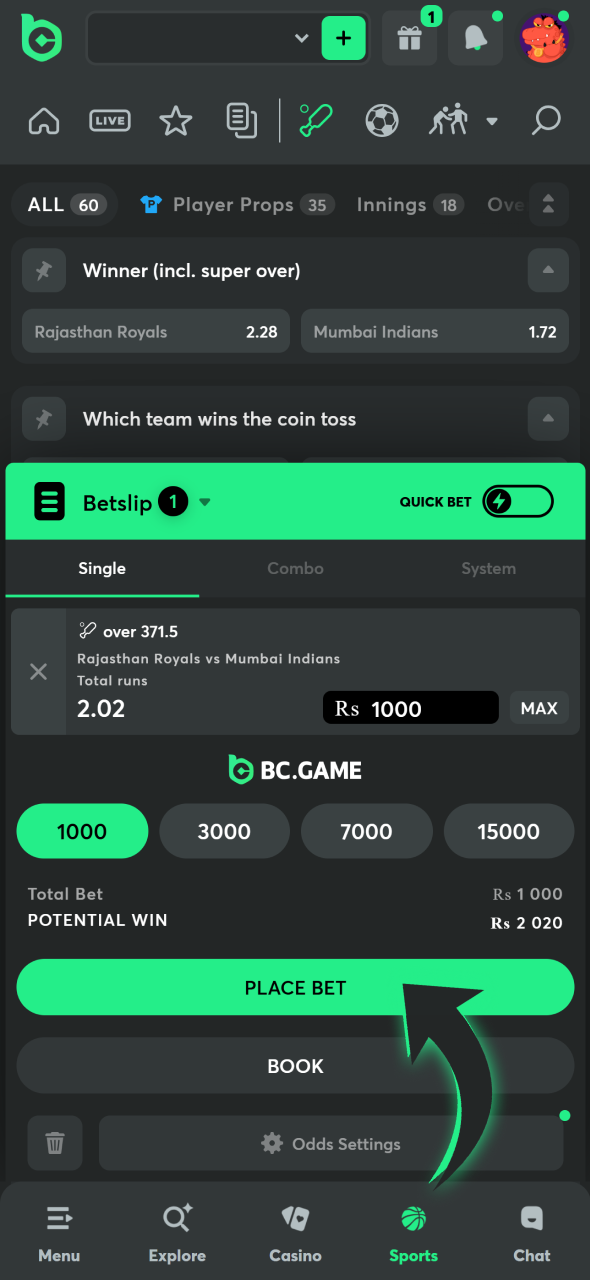 Pres this button to confirm bet at BC Game app.