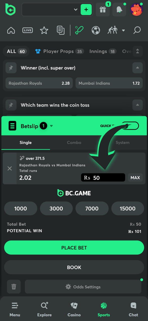 Enter your stake to place bet at BC Game app.