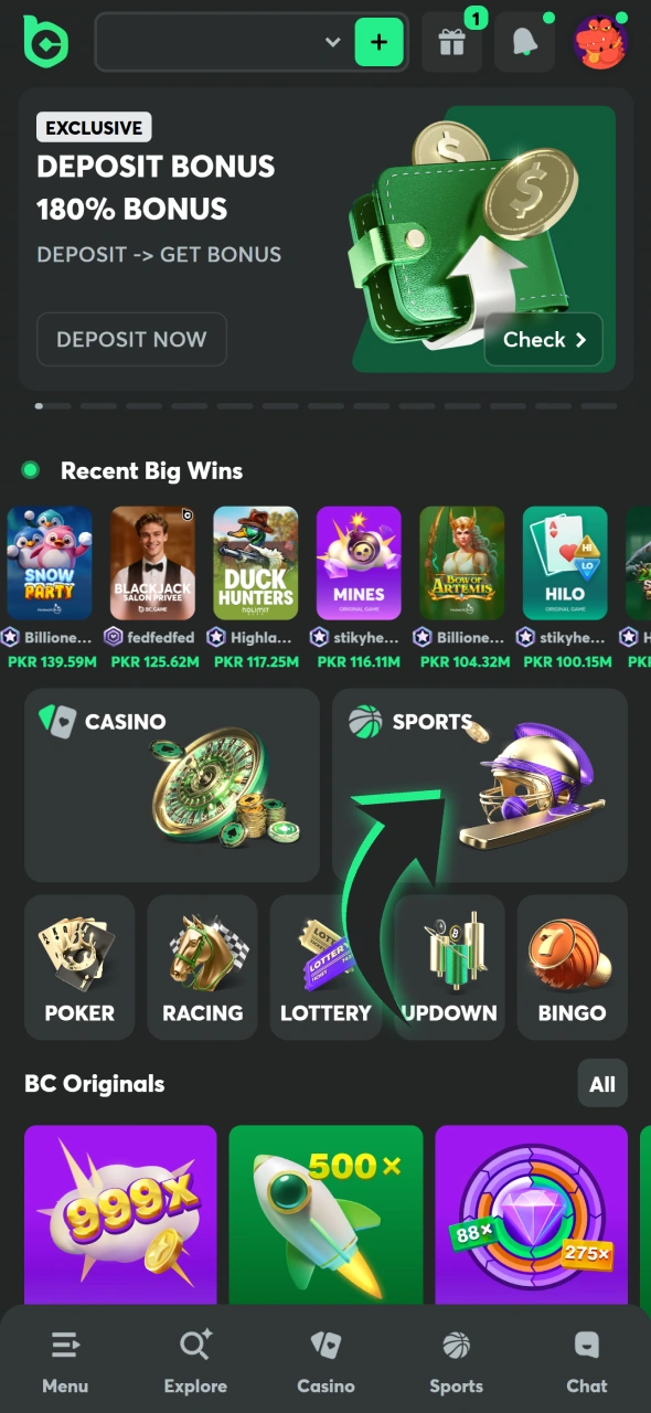 Open sports section at BC Game app menu or main screen.