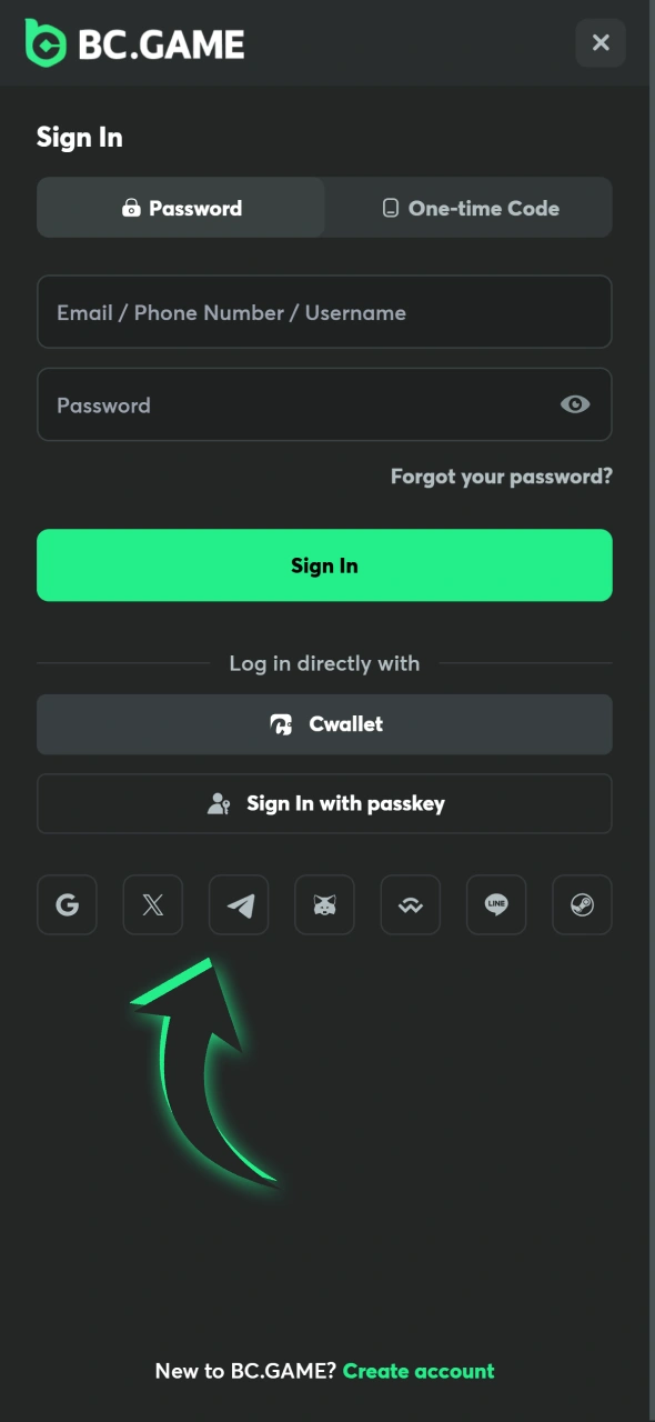 Log in with any method you like at BC Game iOS app.