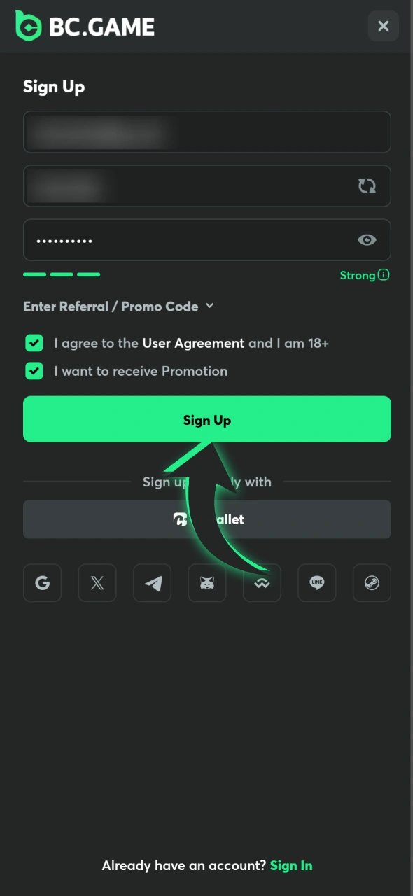 Click this button to finish registration at BC Game app.