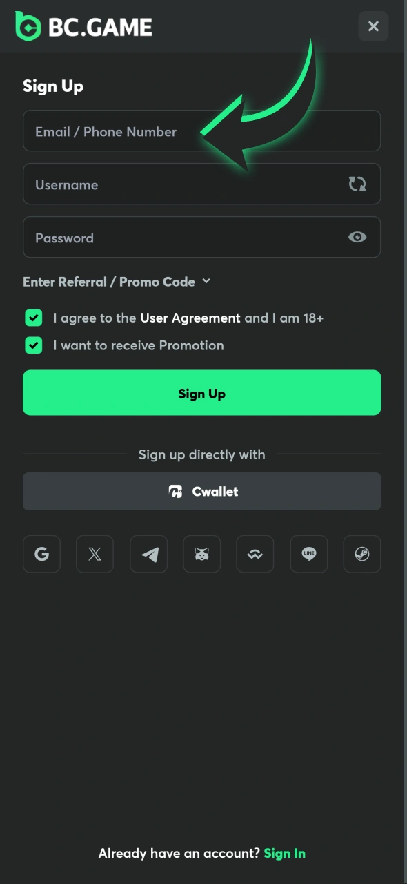 Enter your email or phone and username to register at BC Game app.