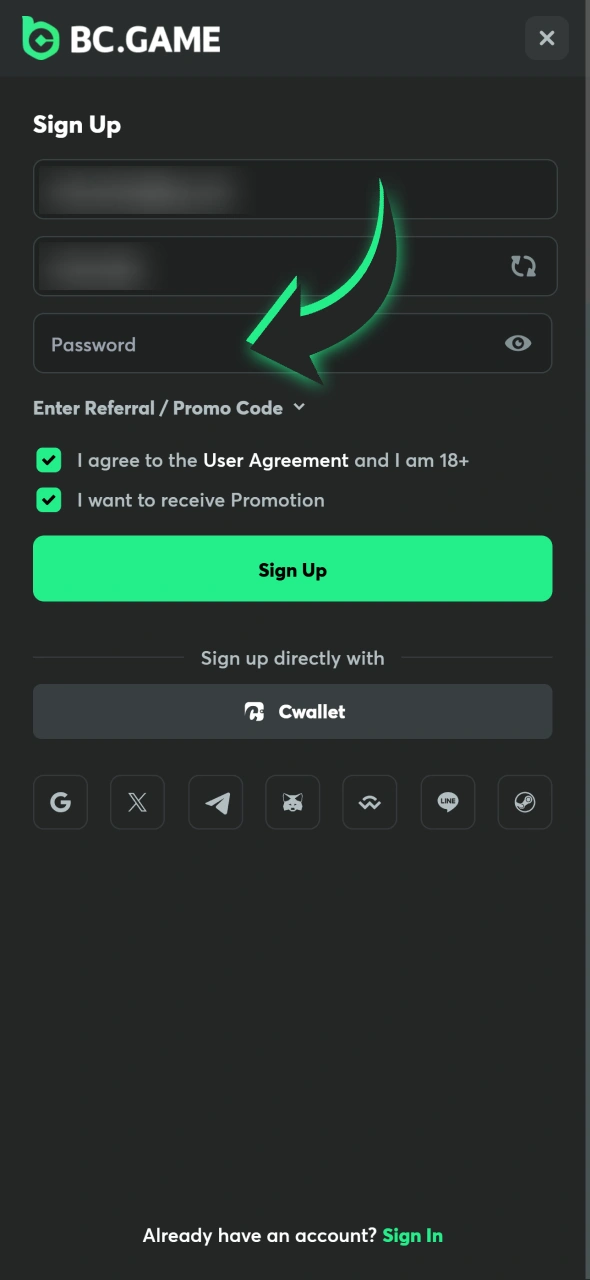 Set strong password while registering at BC Game app.