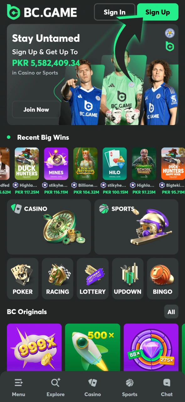 Find registration button at BC game app.