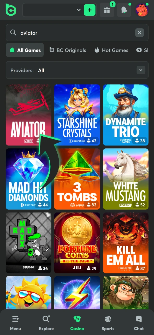 Search for Aviator game at BC Game casino.
