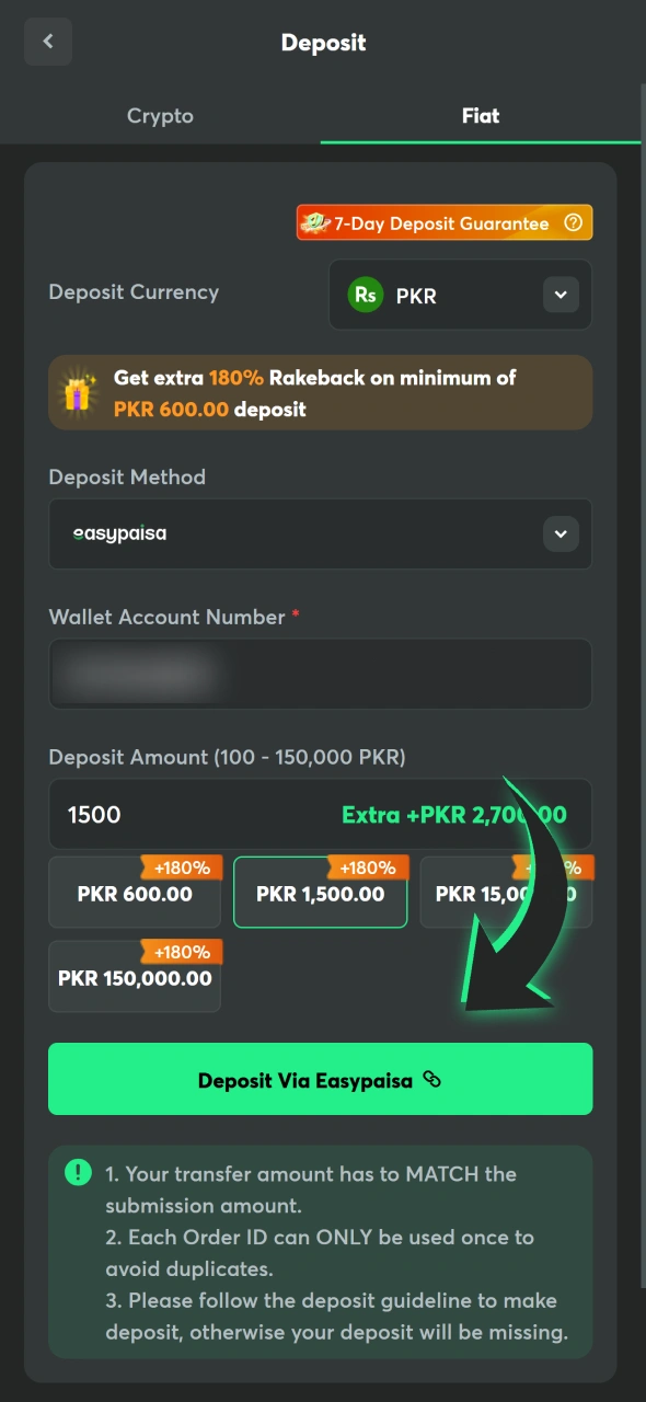 Press this button to make a deposit at your BC Game account.