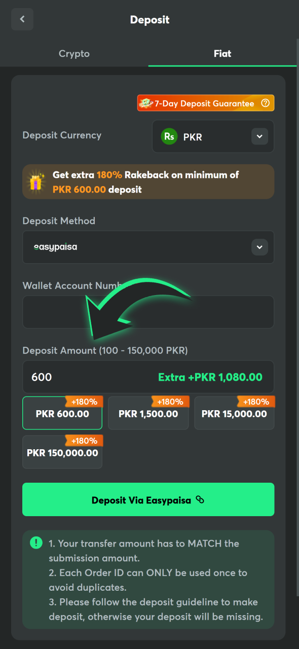 Enter the sum you want to deposit to your BC Game account.
