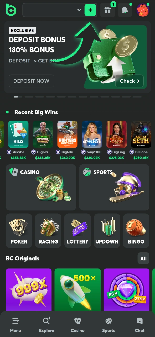 Press on plus at the menu or find deposit button at your BC game account.