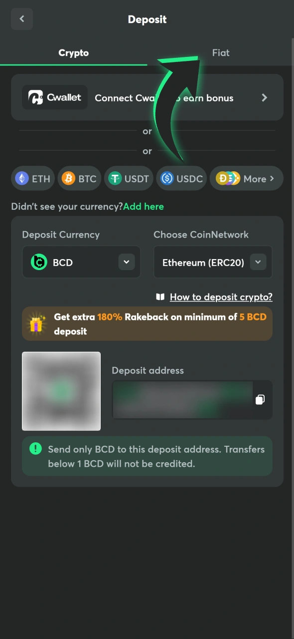 Choose deposit method to top up your BC Game account.