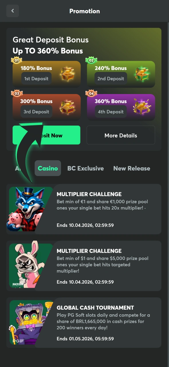 Check for live casino bonuses at BC Game promo page.