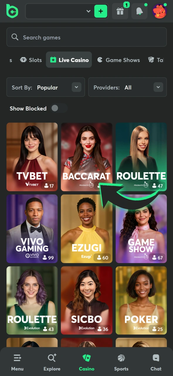 Click on live casino game and start winning at BC Game Pakistan.