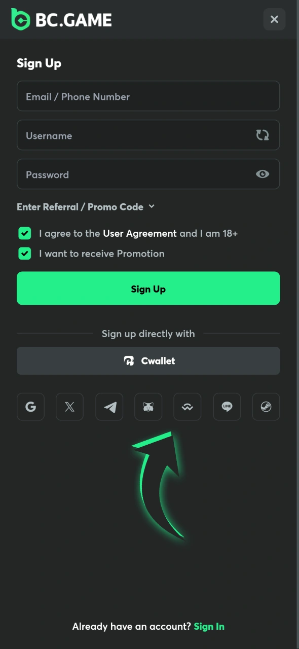 Select BC Game registration method from provided.