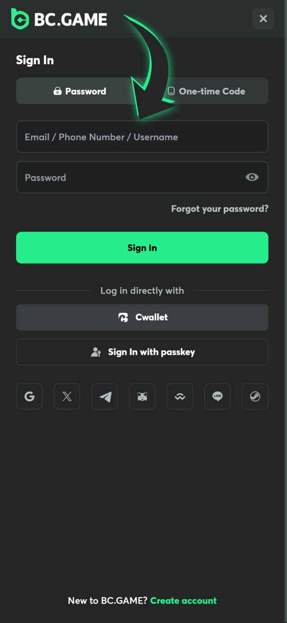 Log into your BC Game account using info you entered previously.