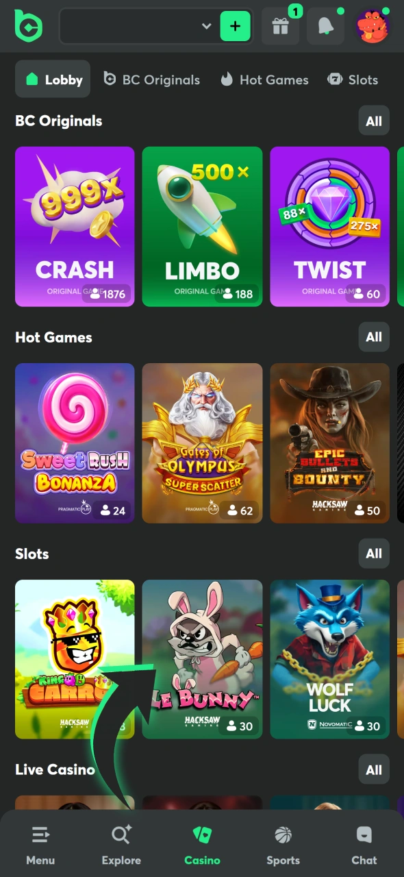 Open BC Game casino section and choose slots you want to play.