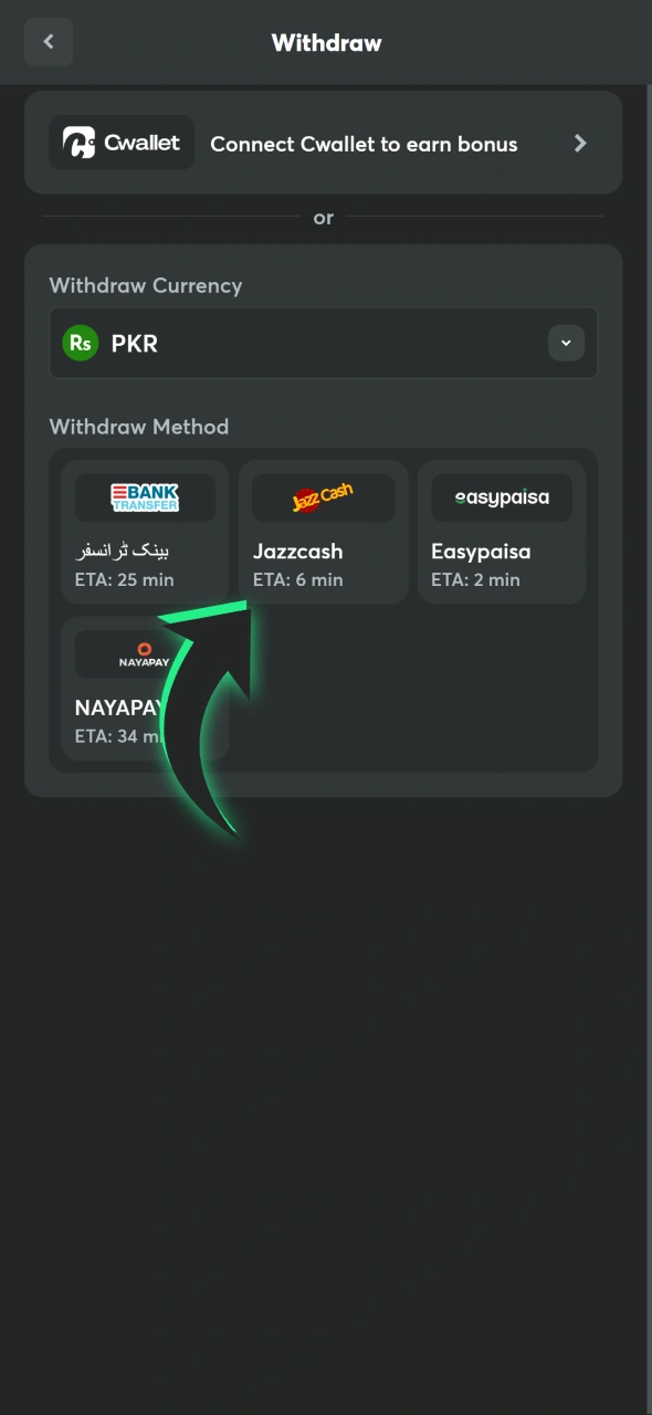 Choose methof you want to withdraw money with from BC Game.