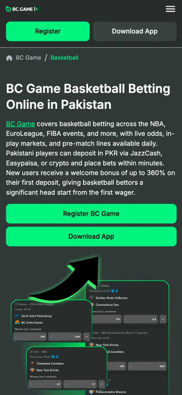 Visit the official site to download the BC Game app for basketball betting.