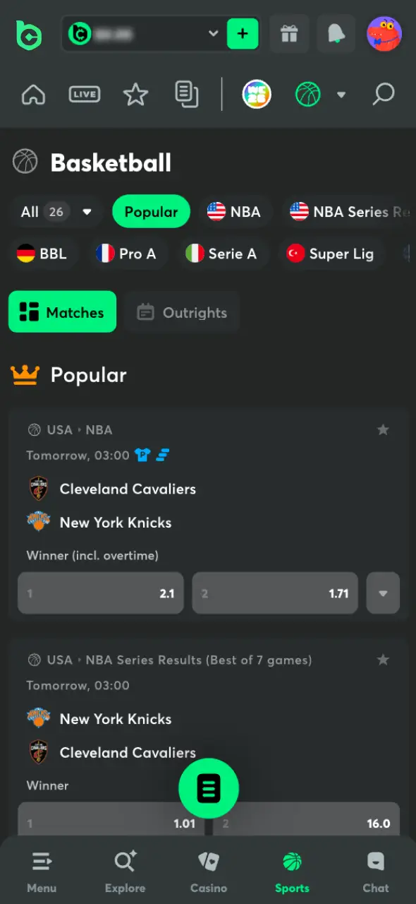 Open the app to log in and access live basketball markets.