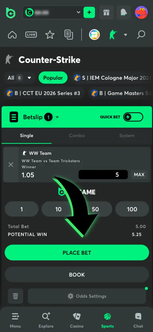 Place your bet on live matches using the BC Game Esports app.