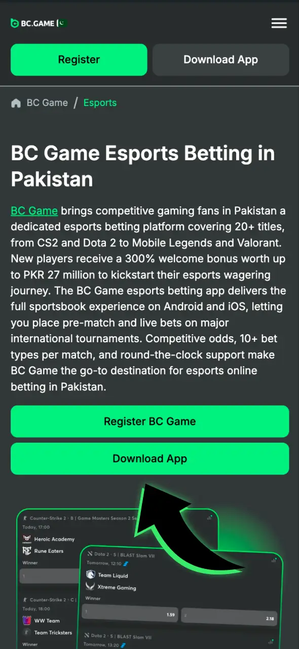 Open the app download page to get the BC Game Esports application.