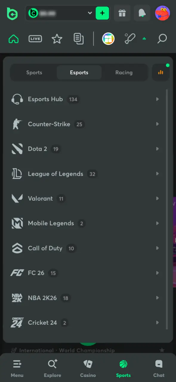 Navigate to Esports tournaments within the official BC Game application.