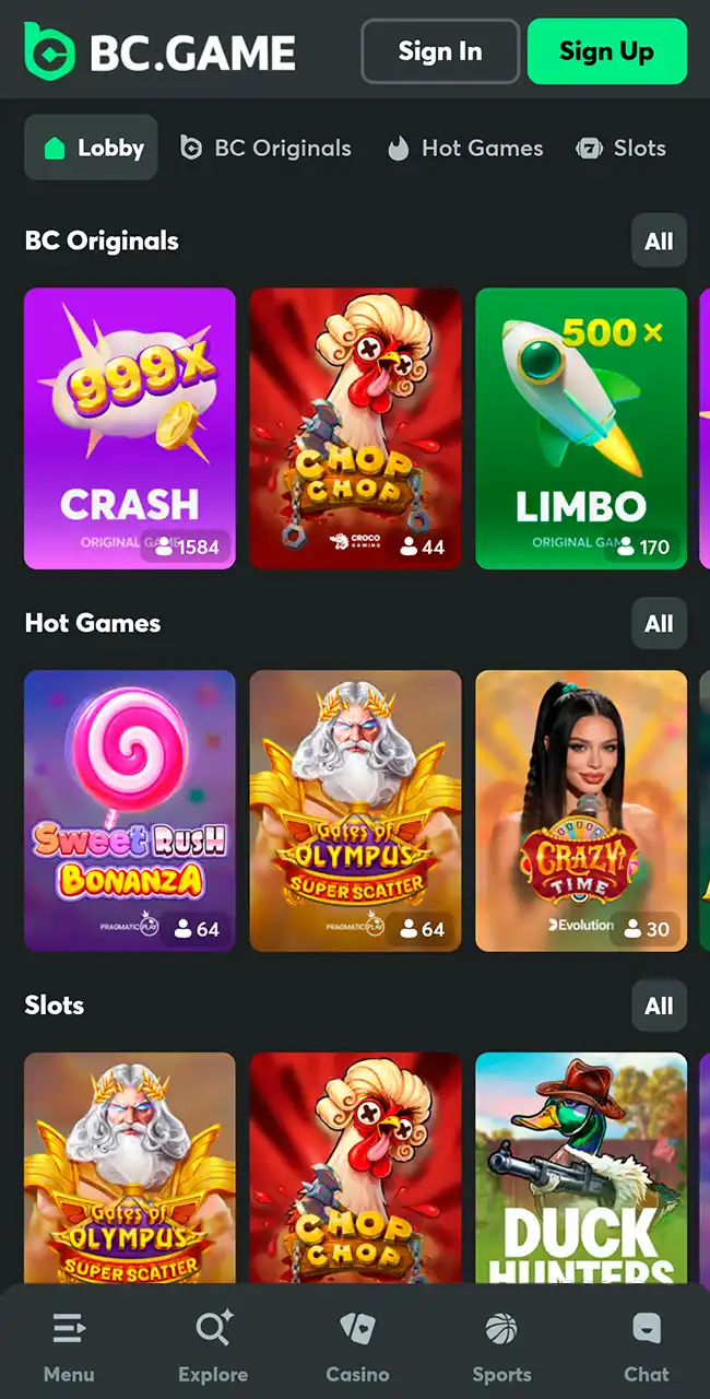 Browse the BC Game online casino lobby.