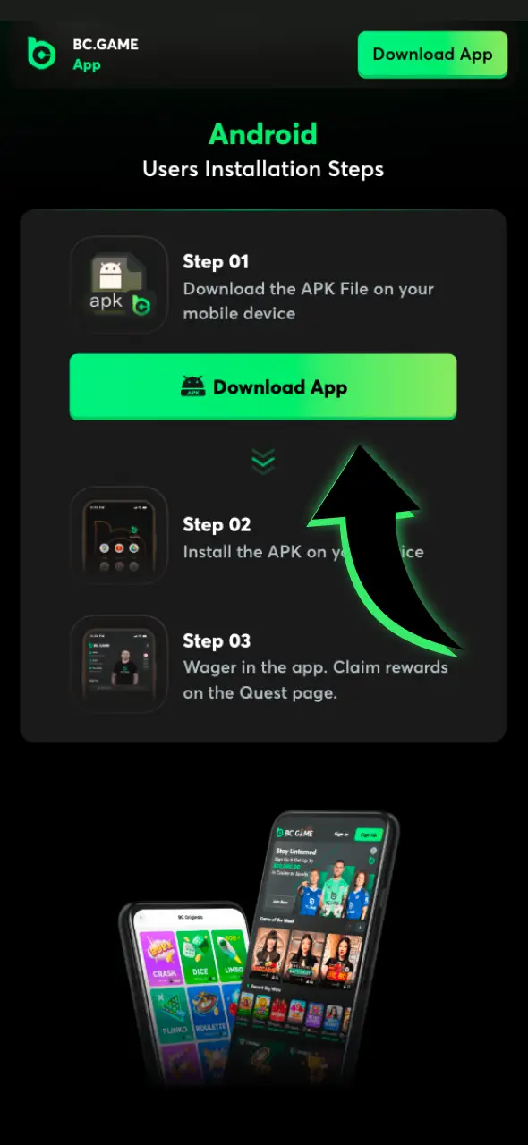 Download the Android version of the BC Game app to bet on tennis.