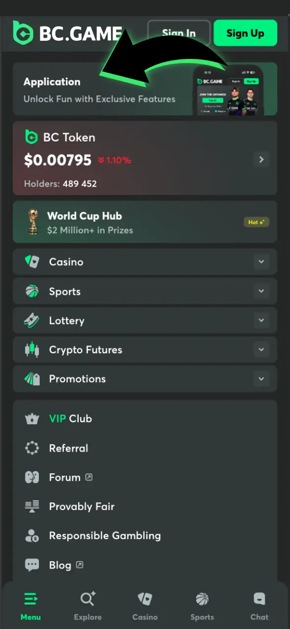 Find the installation button to get the BC Game tennis betting app.