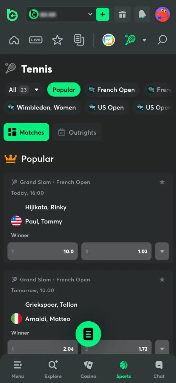 Log in to your personal account on the BC Game tennis app.