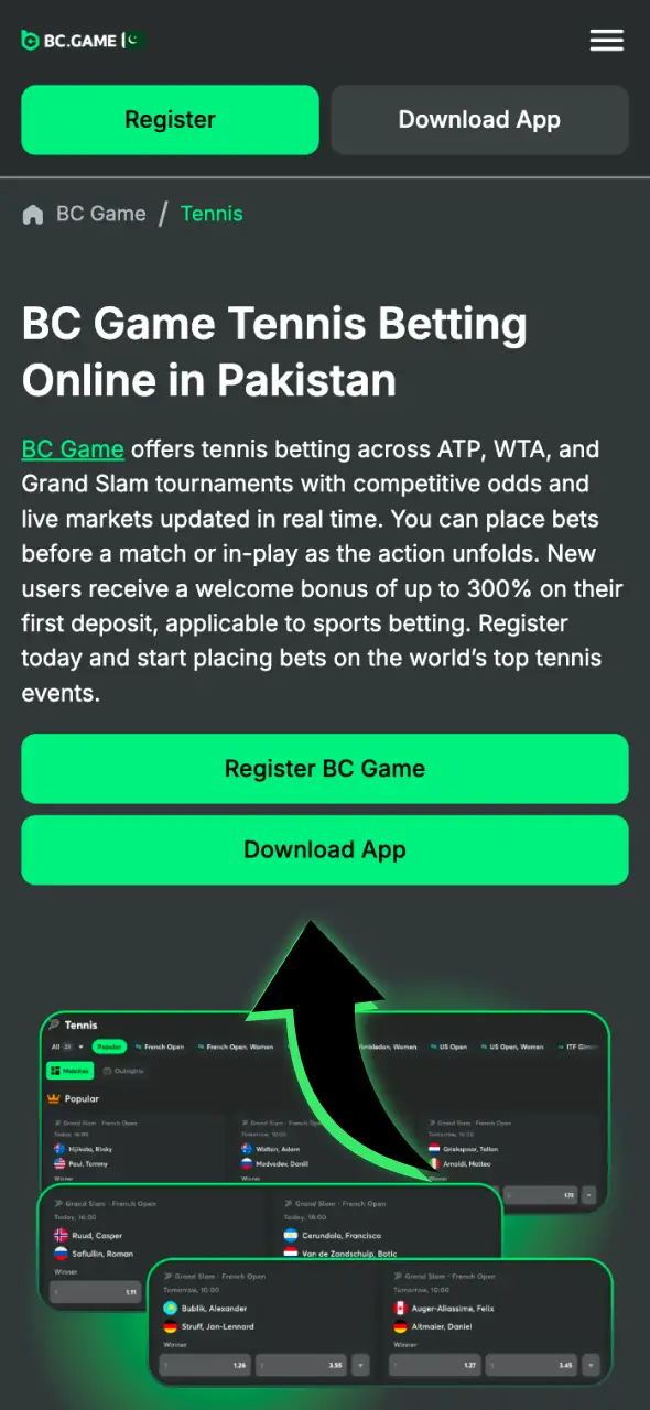 Visit the official site to download the BC Game app for tennis betting.