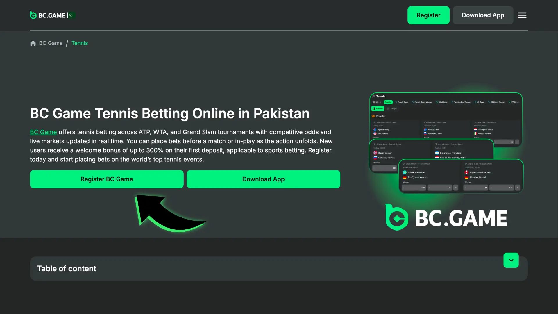 Create your BC Game account today to start betting on tennis.